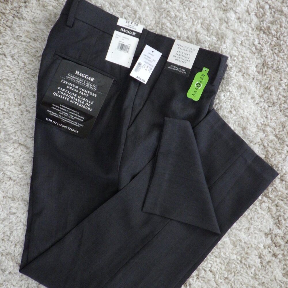 Haggar Men's Dress Pants Grey Slim Fit Wrinkle Free Premium Comfort 32X30" NEW